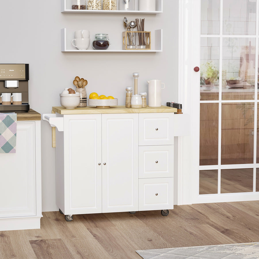 Drop-Leaf Kitchen Island on Wheels with Extendable Rubber Wood Worktop, Rolling Kitchen Storage Trolley, Utility Storage Cart with Drawers & Cabinet for Kitchen, Dining & Living Room, White