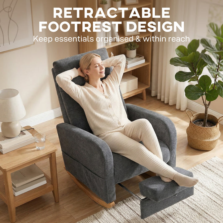 Upholstered Rocking Chair Retractable Footrest Rocker Chair High Back 
