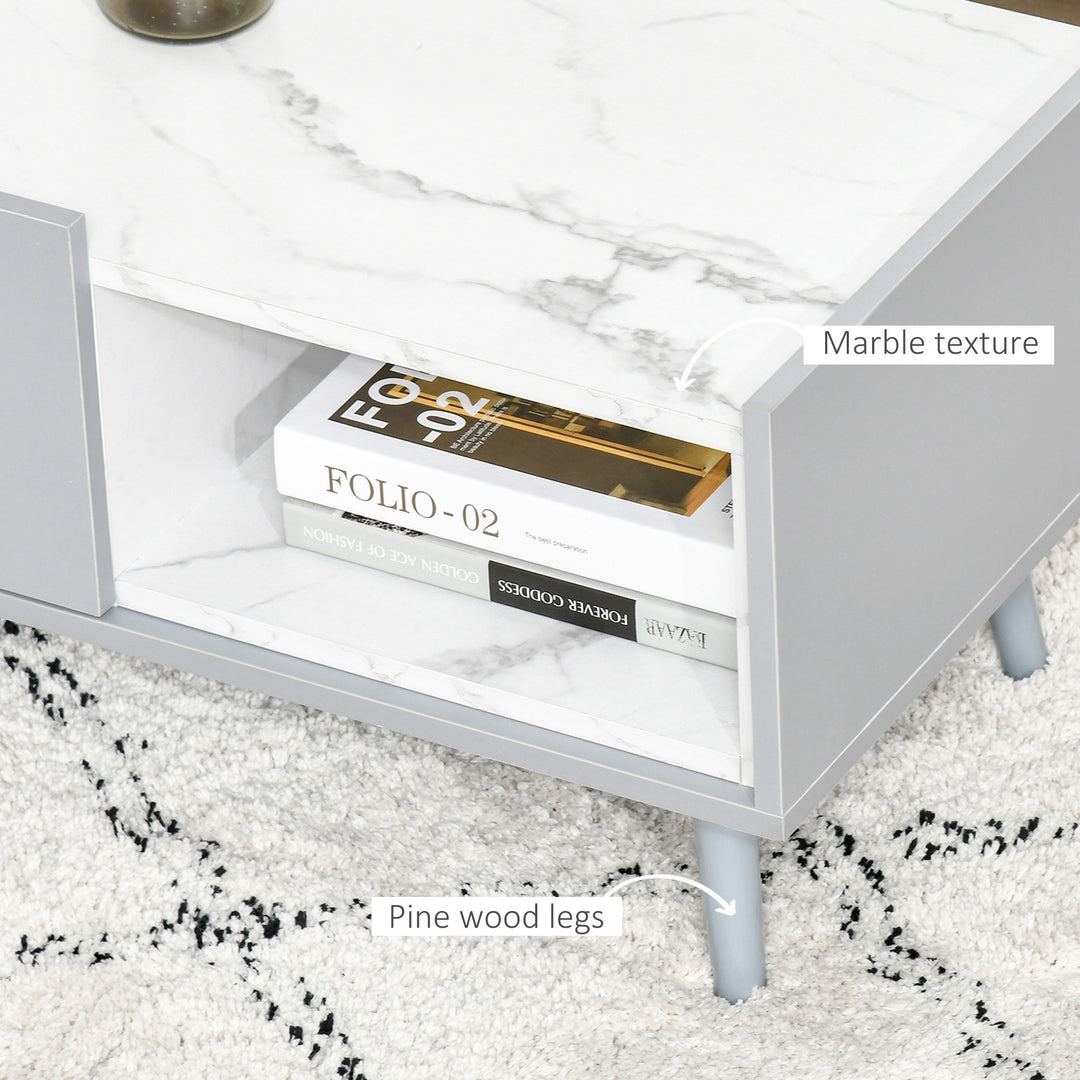 White Coffee Table with Faux Marble Top, 2-Tier Wood Center Table Sofa Table with Storage Drawer and Shelf for Home Living Room Reception Room