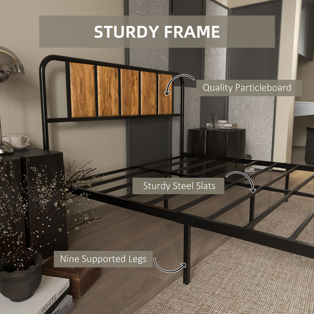 4.8ft Double Bed Frame with Industrial Wood Headboard, Steel Slat Support and 25.5cm Underbed Storage Space, 145 x 199cm, Rustic Brown