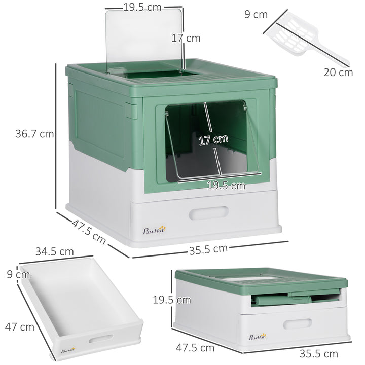 PawHut Enclosed Cat Litter Box with Scoop, Front Entry & Top Exit, Spacious Portable Pet Toilet, 47.5 x 35.5 x 36.7 cm, Green | Aosom UK