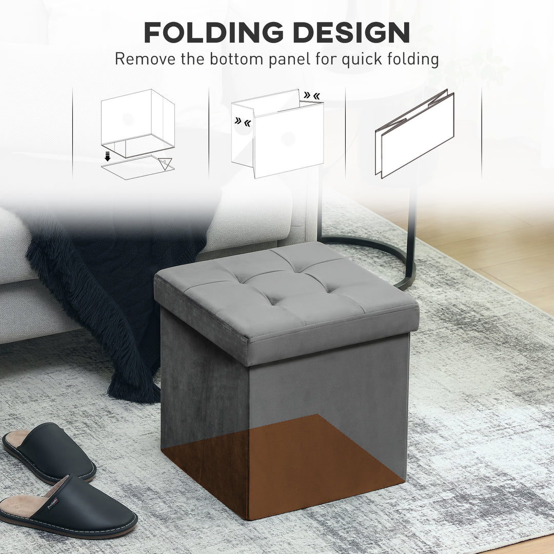 Foldable Velvet-Feel Storage Ottoman - Grey