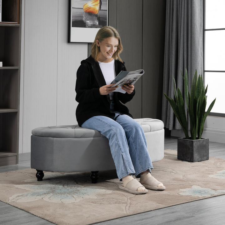 Semi-Circle Ottoman Storage Bench, Bed End Bench, Tufted Upholstered Window Seat Footrest Stool with Rubberwood Legs for Bedroom & Entryway, 120 x 46 x 42 cm, Light Grey