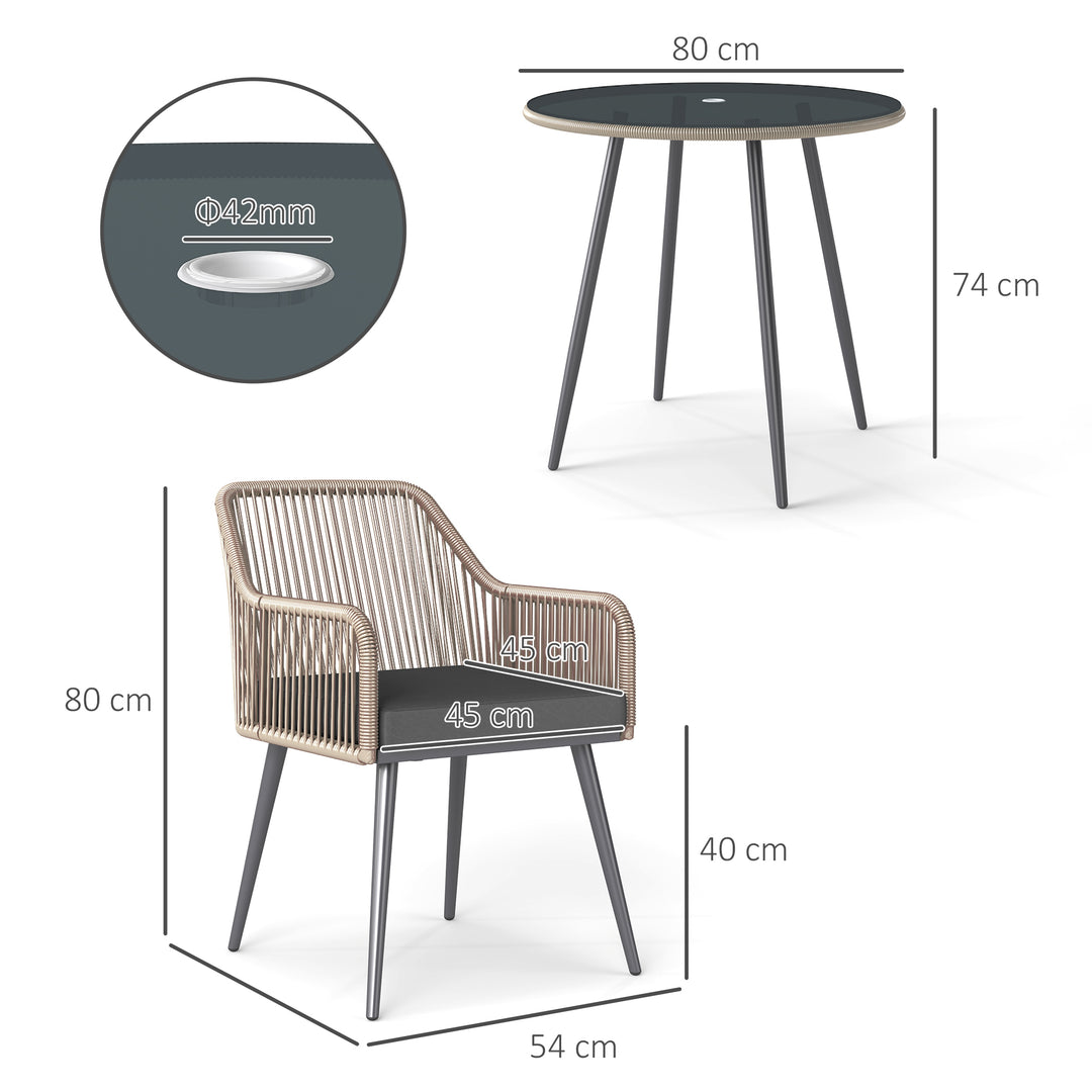 4 Seater Rattan Dining Set, Rattan Garden Furniture Set with Parasol Hole, Outdoor Dining Table and Chairs Set with Cushions, Round Glass Top Table for Patio, Balcony, Light Brown