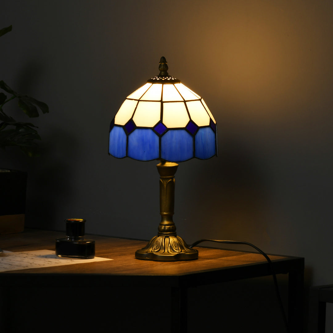 Handmade Stained Glass Table Lamp, Antique Bedside Lamp for Bedroom, Living room, Home, Nightstand, Decorative Night Light, Blue