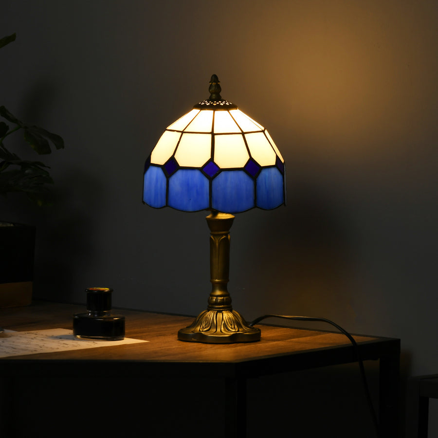 Handmade Stained Glass Table Lamp, Antique Bedside Lamp for Bedroom, Living room, Home, Nightstand, Decorative Night Light, Blue