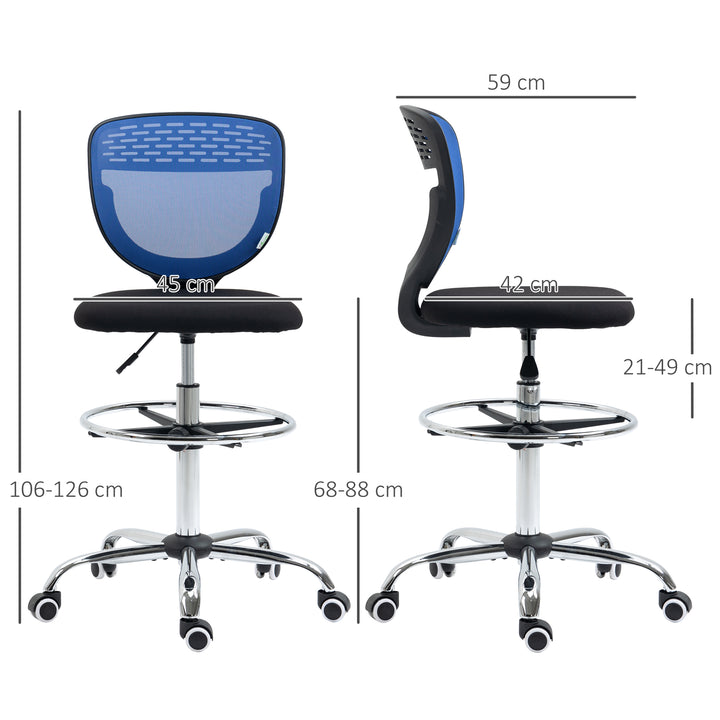 Drafting Chair, Swivel Office Draughtsman Chair, Mesh Standing Desk Chair with Adjustable Foot Ring, Armless, Dark Blue