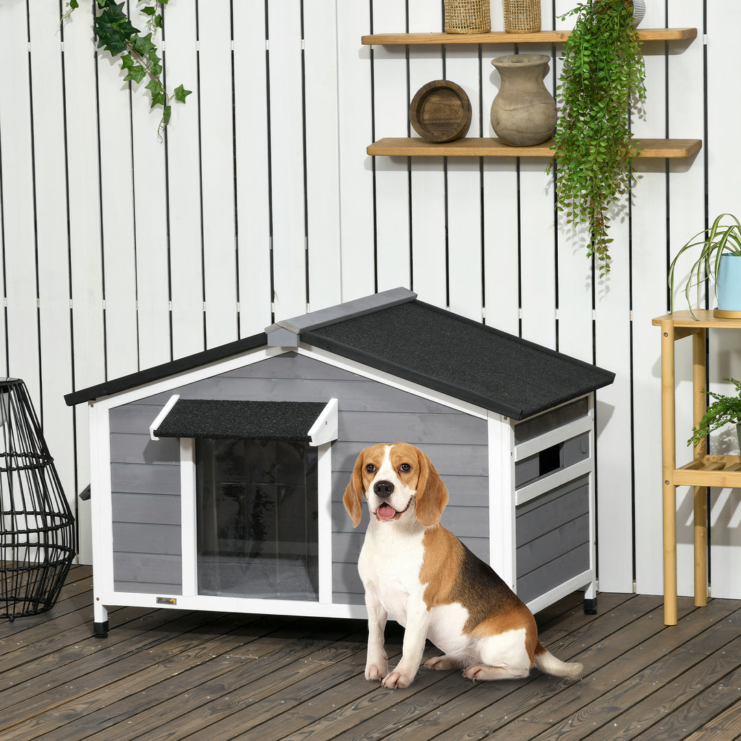 PawHut Large Wooden Dog Kennel Elevated Dog Kennels for Outside, w/ Openable Top, Asphalt Roof, Removable Tray, Adjustable Leg, Grey | Aosom UK