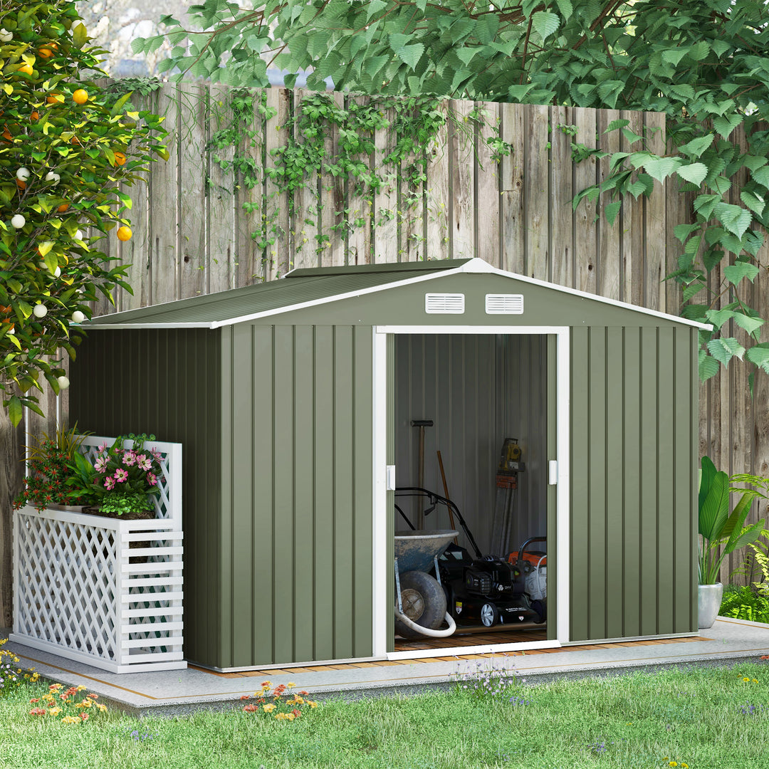 Outsunny 9 x 6 ft Metal Garden Storage Shed Corrugated Steel Roofed Tool Box with Foundation Ventilation and Doors, Light Green | Aosom UK