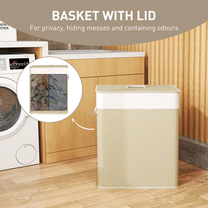 Double Laundry Basket with Lid, 100L Bamboo Laundry Hamper with Rope Handles, Washing Basket with Removable Liner for Bathroom, Bedroom, Cream White