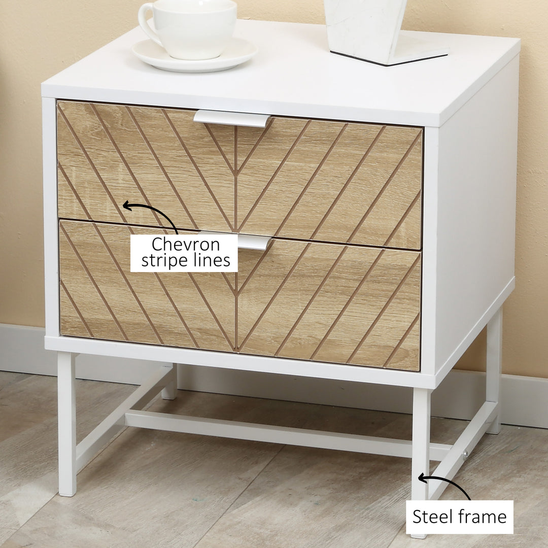 HOMCOM Contemporary Bedside Cabinet: White & Oak Nightstand with 2 Drawers, Metal Frame, Sofa Side Table | Aosom UK