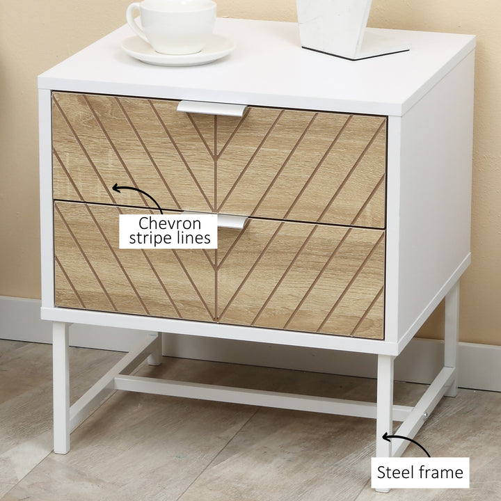 HOMCOM Contemporary Bedside Cabinet: White & Oak Nightstand with 2 Drawers, Metal Frame, Sofa Side Table | Aosom UK