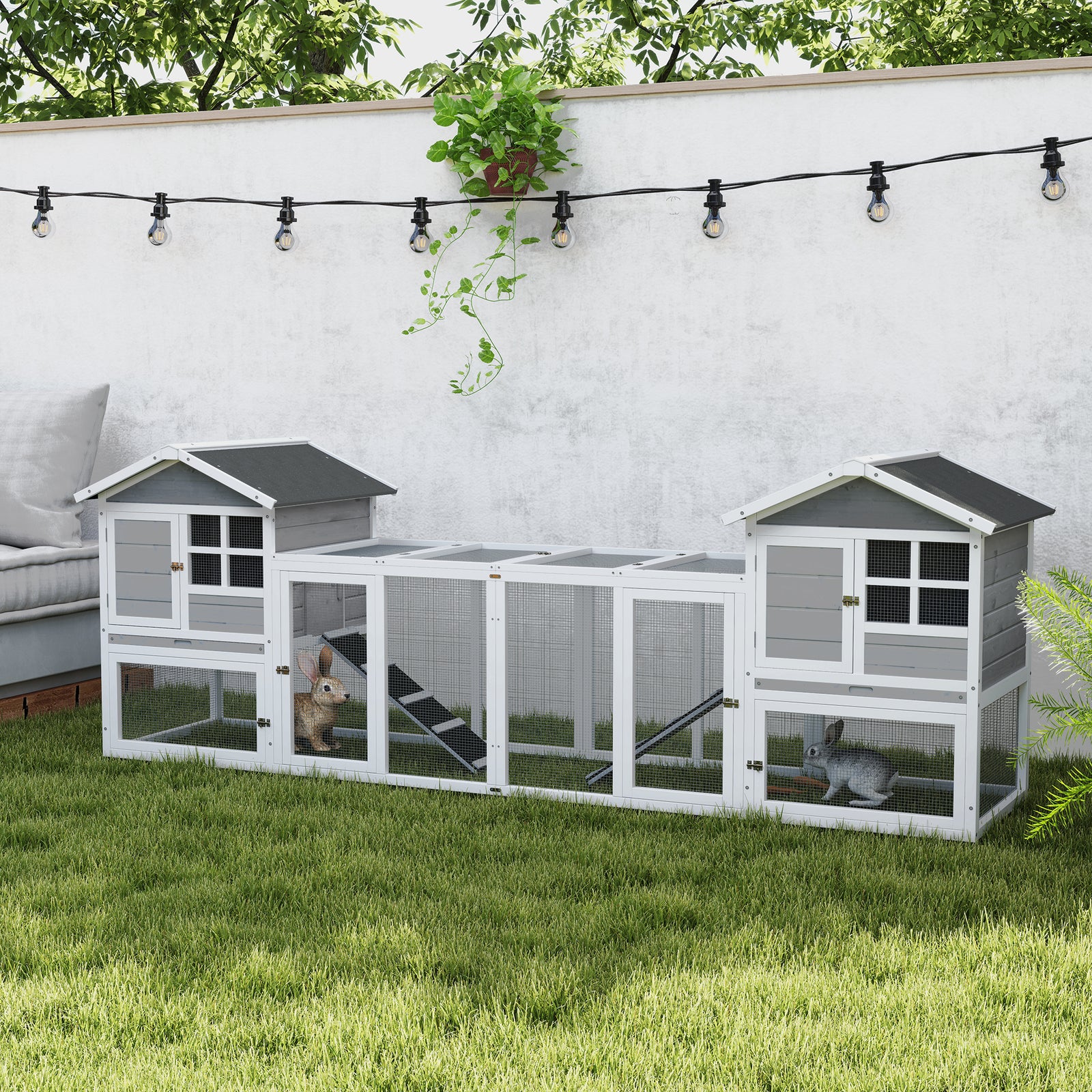 2 in 1 Rabbit Hutch Outdoor Guinea Pig Hutch Bunny Run Double Main House with Run, No-Leak Tray 259 x 64 x 92cm, Grey