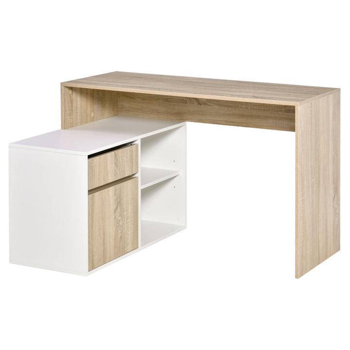 HOMCOM L-Shaped Corner Computer Desk, Oak and White Study Table with Storage Shelf, Drawer for Home Office | Aosom UK