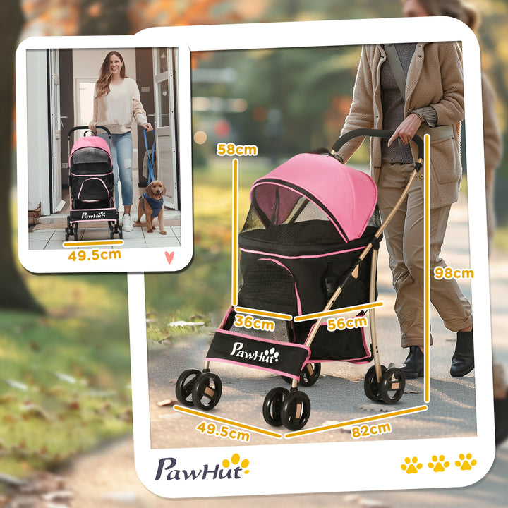 PawHut 3-In-1 Detachable Pet Stroller, Dog Cat Travel Carriage with Foldable Carrying Bag, Universal Wheel Brake, Canopy, Basket, Pink | Aosom UK