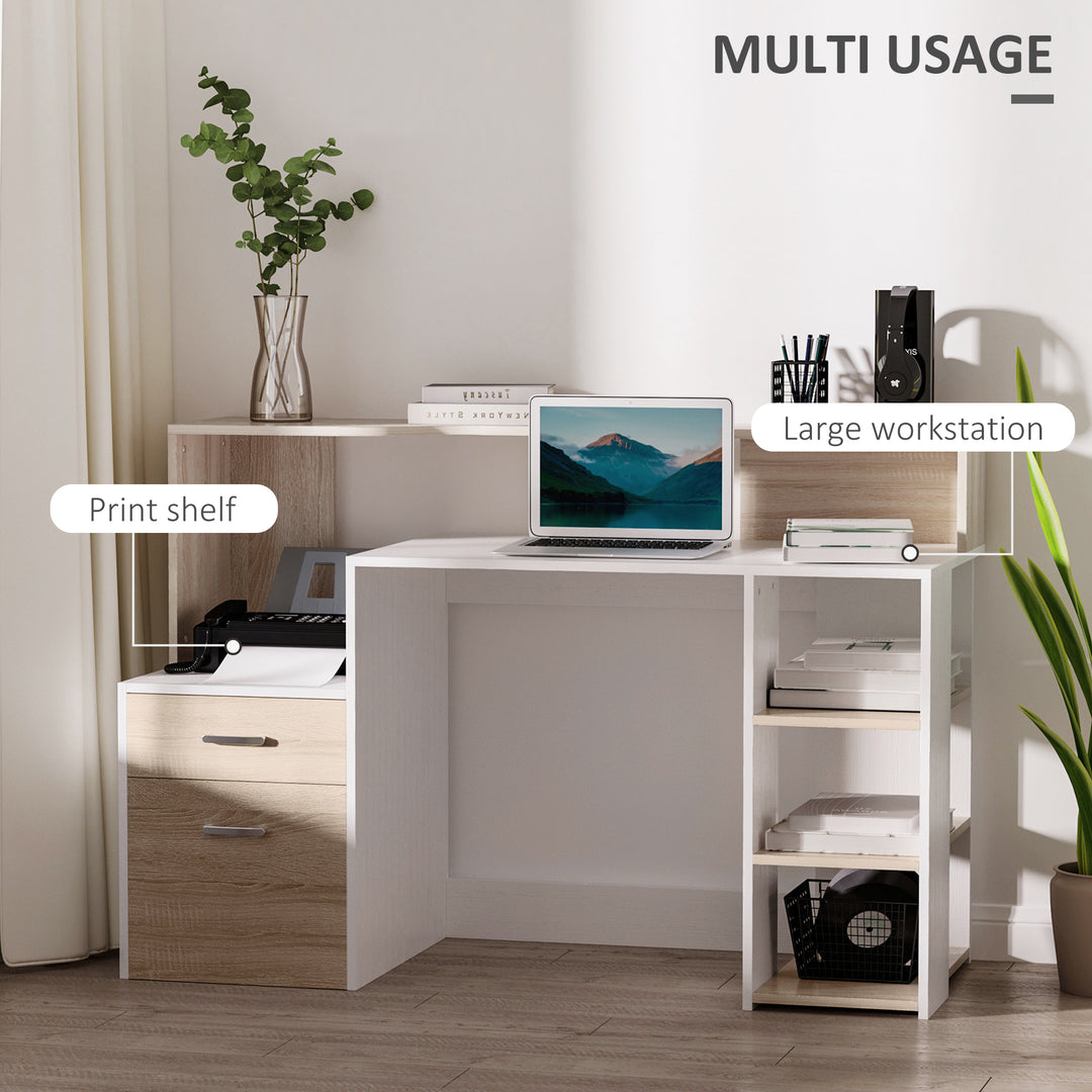 MCL Computer Desk with Drawers and Storage Shelves, Office Desk Writing Table with Printer Stand, Large Workstation for Study Play Work Home Office, 137 x 55 x 92cm, Oak