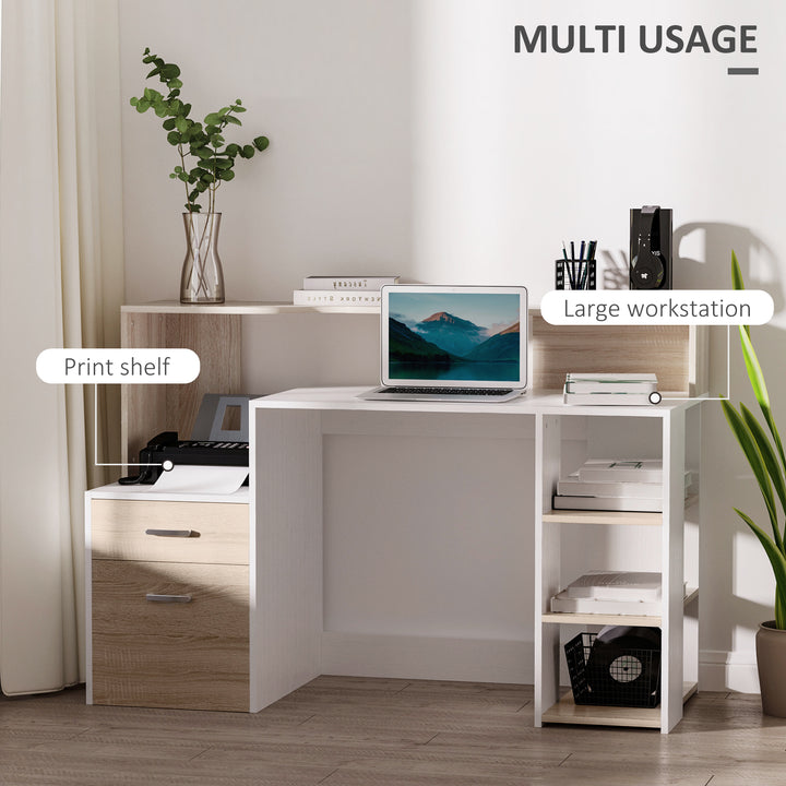 MCL Computer Desk with Drawers and Storage Shelves, Office Desk Writing Table with Printer Stand, Large Workstation for Study Play Work Home Office, 137 x 55 x 92cm, Oak