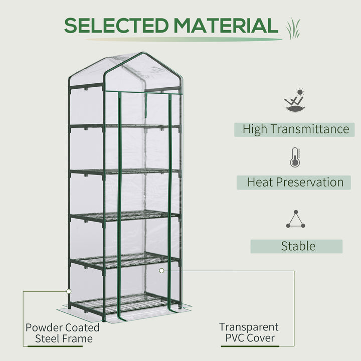 Outsunny 5 Tier Mini Greenhouse, Small Walk-in Greenhouse with Reinforced Plastic Cover, Garden Grow House with Roll Up Door and Shelves, 69 x 49 x 193cm, Green