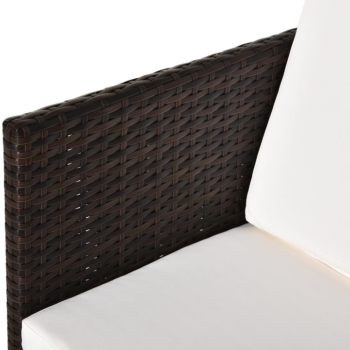 2 Seater Rattan Cube Garden Furniture Set, Rattan Dining Set with Cushions, Outdoor Dining Table and Chairs with 2 Armchairs, 2 Stools, Rectangular Glass Top Table for Patio, Balcony, Brown