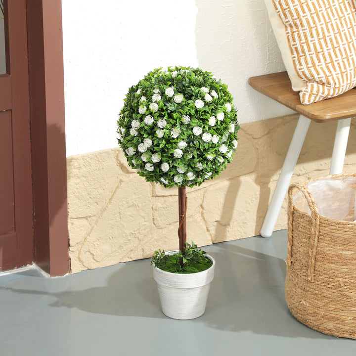 Set of 2 Decorative Artificial Plants, Ball Topiary Tree with Rose Flower in Pot, Fake Plants for Home Indoor Outdoor Decor, 60cm, White