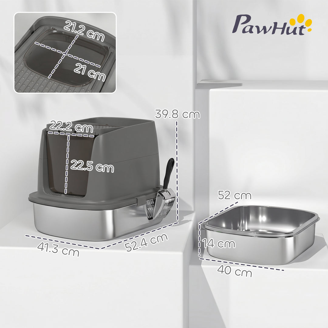 Large Stainless Steel Litter Box, Enclosed Metal Cat Litter Tray with 