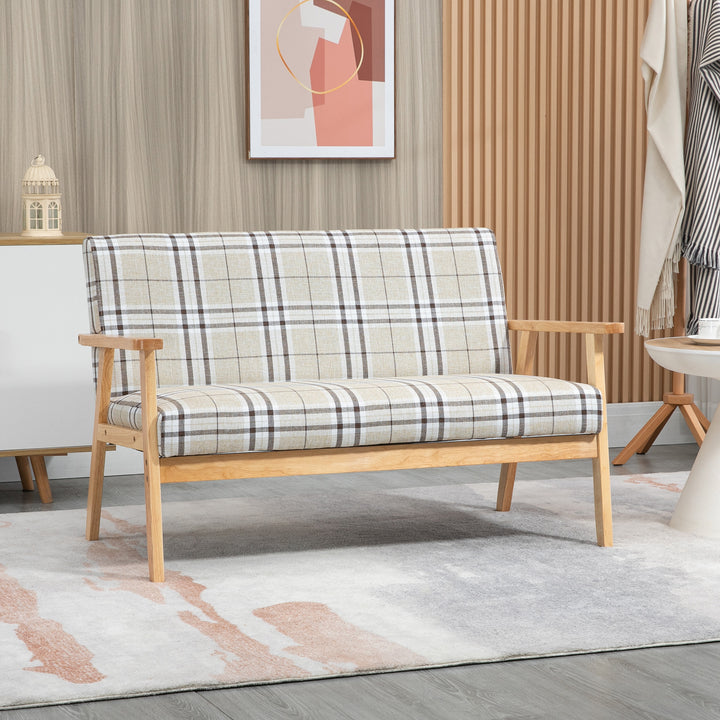 MCL Compact Loveseat Couch Double Seat Sofa with Lattice Pattern and Rubber Wood Frame Beige and Coffee