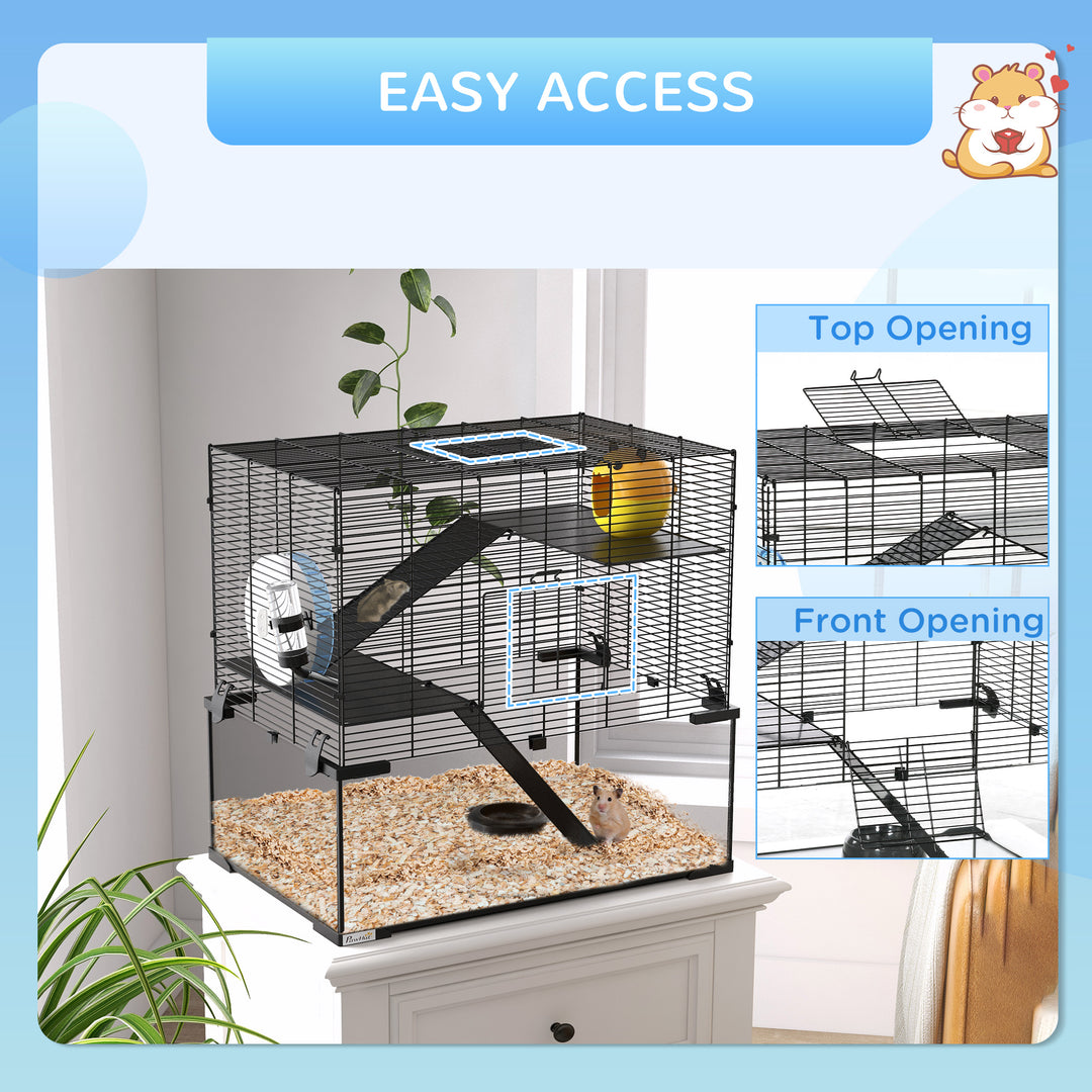 3 Tiers Hamster Cage, Gerbil Cage with Deep Glass Bottom, Non-Slip Ramps, Platforms, Hut, Exercise Wheels, Water Bottle, Dish, for Syrian Hamster, Dwarf Hamster, 60 x 40 x 54.5cm