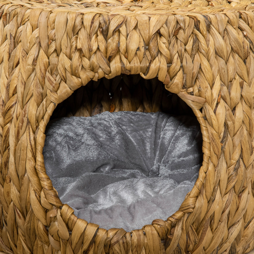 Wicker Cat Bed Cat House Stool with Washable Cushion, 44 x 43 x 41cm