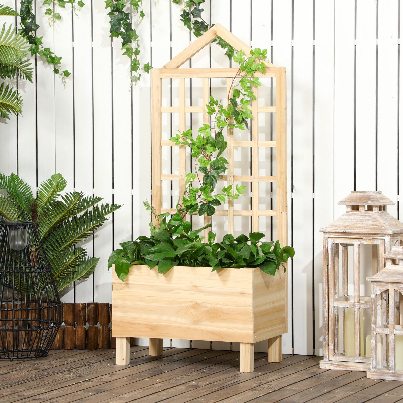Garden Planters with Trellis for Vine Climbing, Distressed Wooden Rais