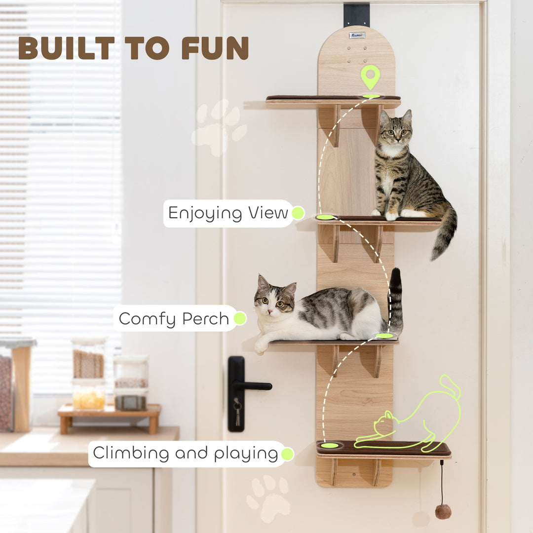 4-Level Door Mounted Cat Tree with Washable Plush Mats, Toy Balls, Doo