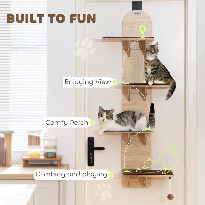 4-Level Door Mounted Cat Tree with Washable Plush Mats, Toy Balls, Doo
