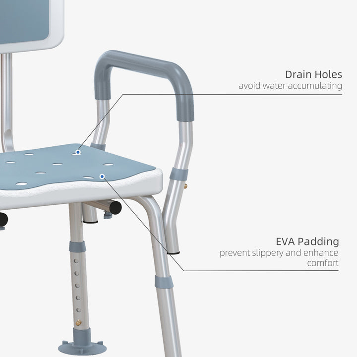 HOMCOM EVA Padded Shower Chair for the Elderly and Disabled, Height Adjustable Shower Stool with Back and Arms, 4 Suction Foot Pads, Light Blue | Aosom UK