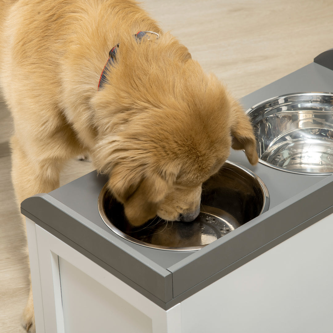 PawHut Stainless Steel Raised Dog Bowls with 21L Storage Drawer for Large Dogs and Cats - White | Aosom UK