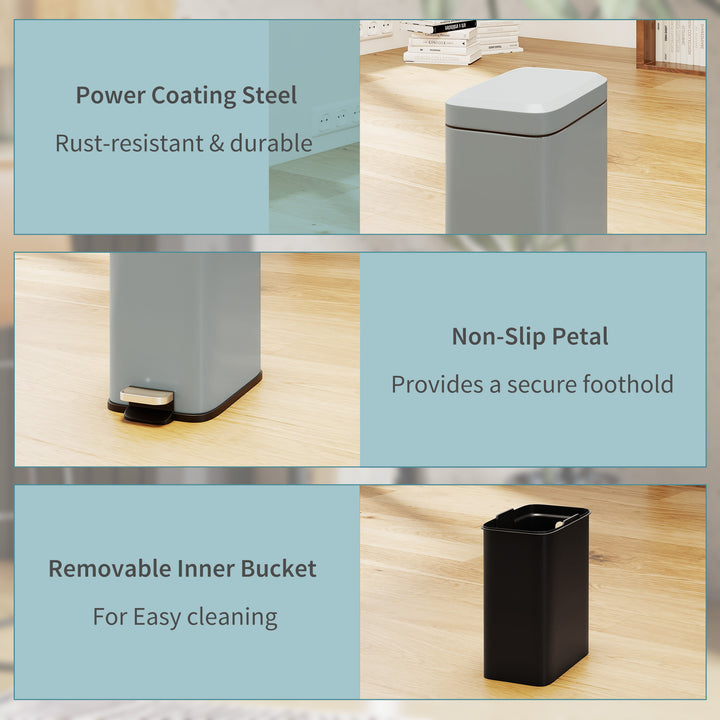 5L Rectangular Compact Bin Steel Body Removable Bucket Quiet-Close Lid w/ Pedal Lid Rubbish Trash Can Home Office Bedroom Bathroom Living Room Garbage Tidy Clean Grey