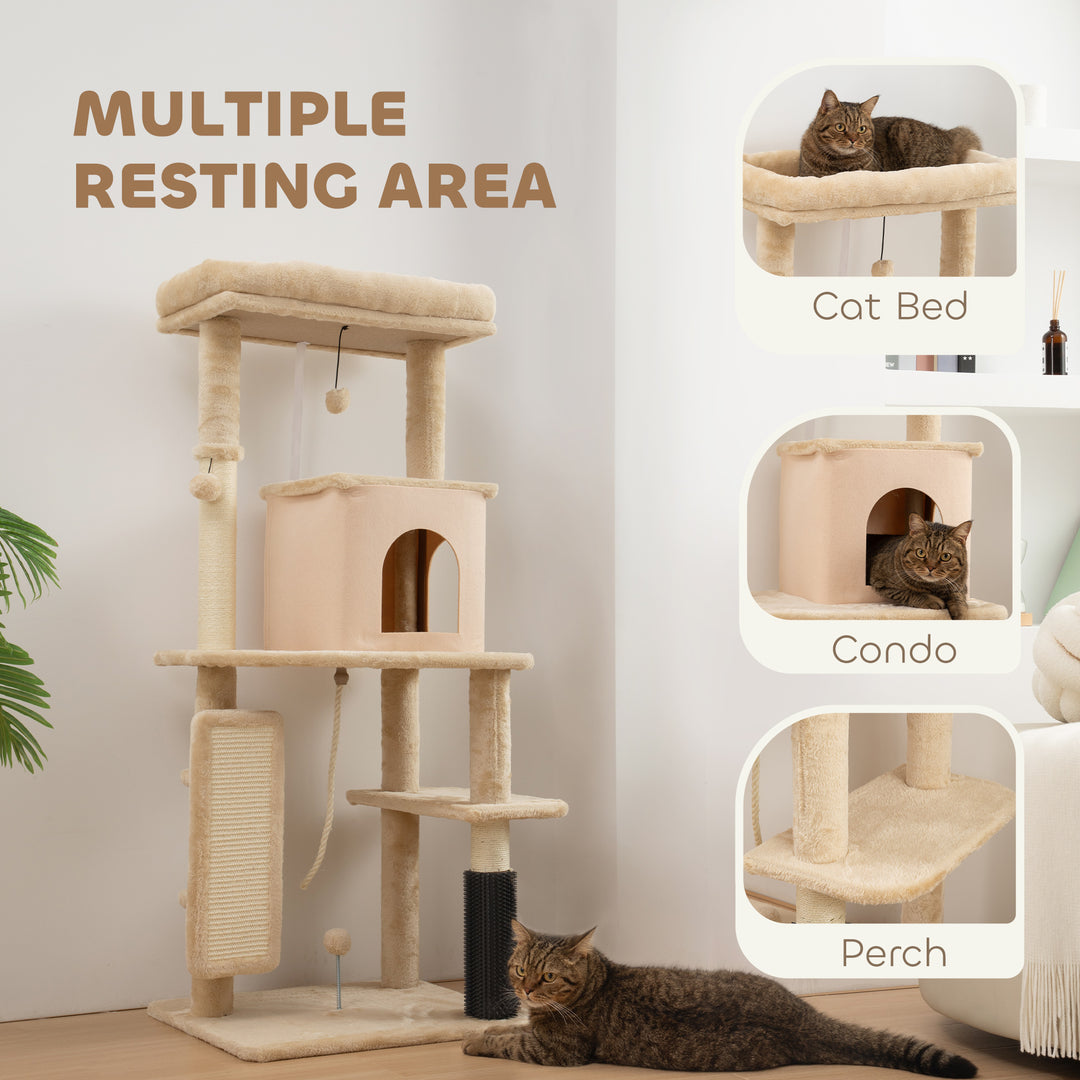 MCL 132cm Cat Tree w/ Scratching Posts, Pad, Cat Bed, Cat House, Jumping Platform, Grooming Brush, Anti-Tip Kit, Beige