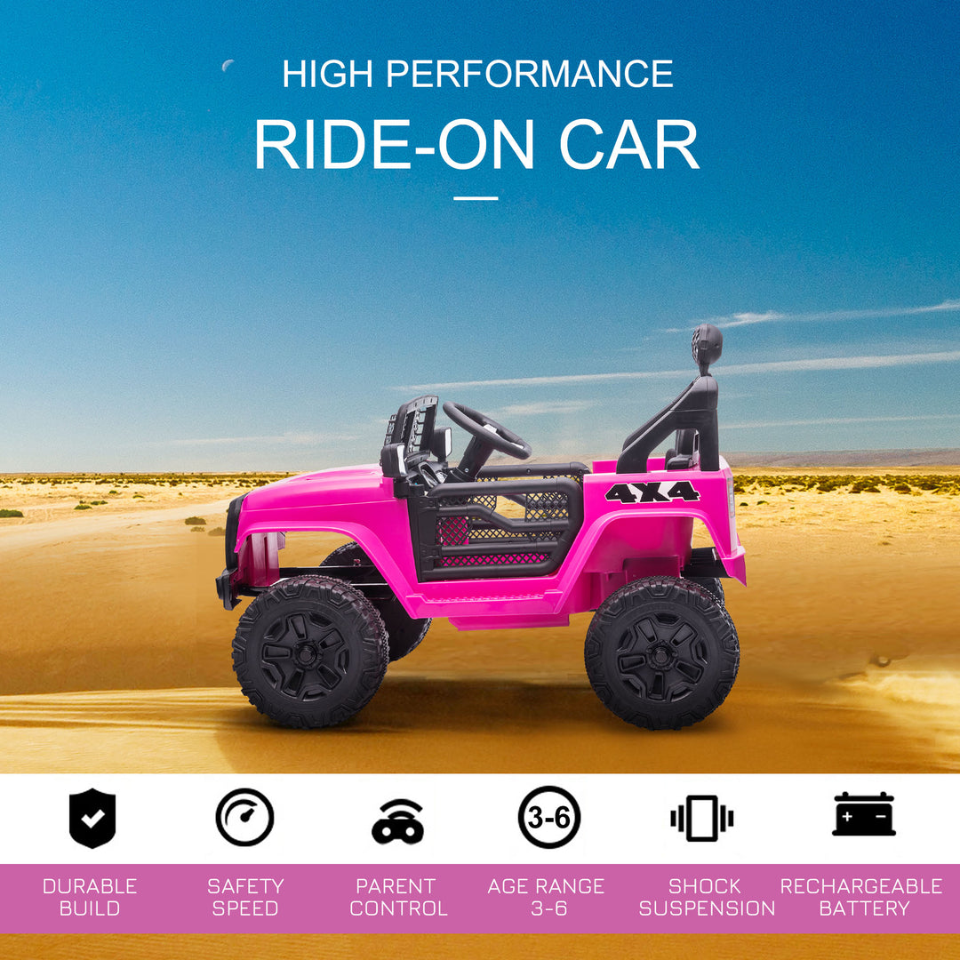 Kids Electric Ride On Car 12V Off Road Toy with Parental Remote Control 2 Motors Horn Lights Suspension Wheels for 3-6 Years Old Pink