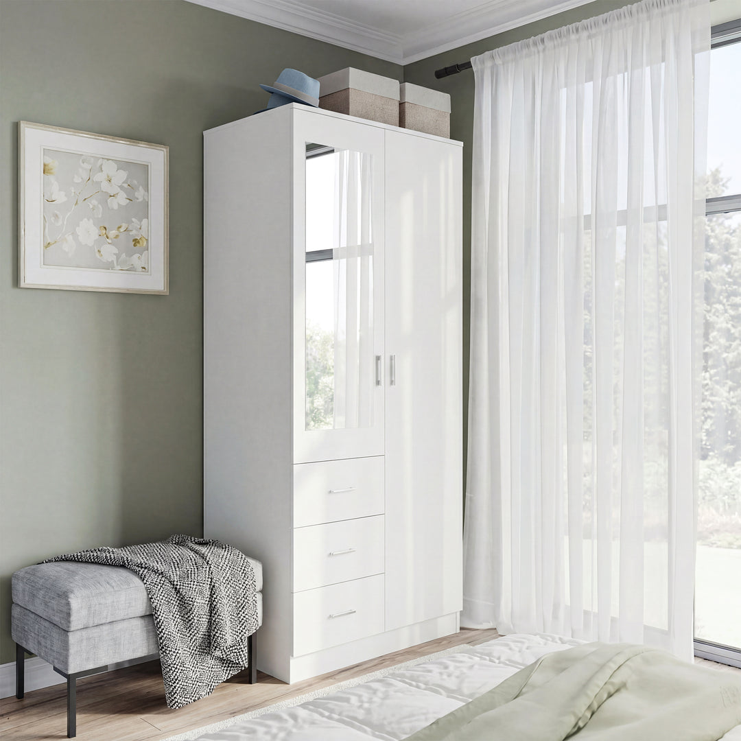 2 Door 3 Drawer Mirrored Wardrobe with Hanging Rail, Modern Clothes St