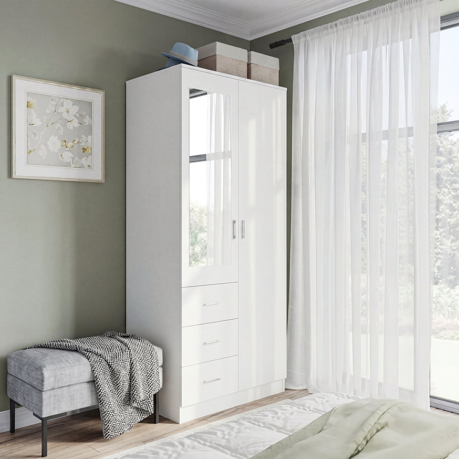 2 Door 3 Drawer Mirrored Wardrobe with Hanging Rail, Modern Clothes St