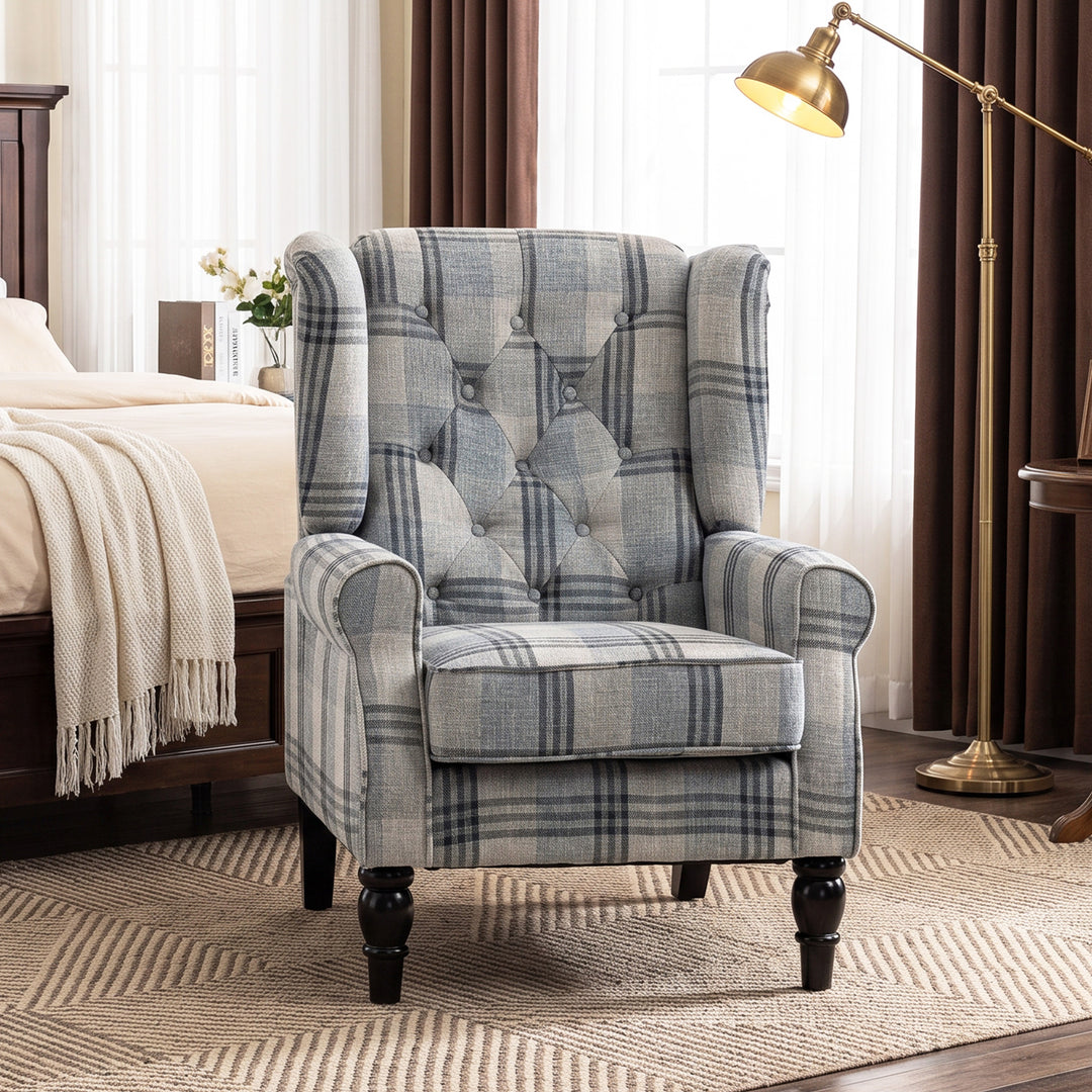 Faux Linen Armchair with Thick Spring Cushion, Wingback Accent Chair w