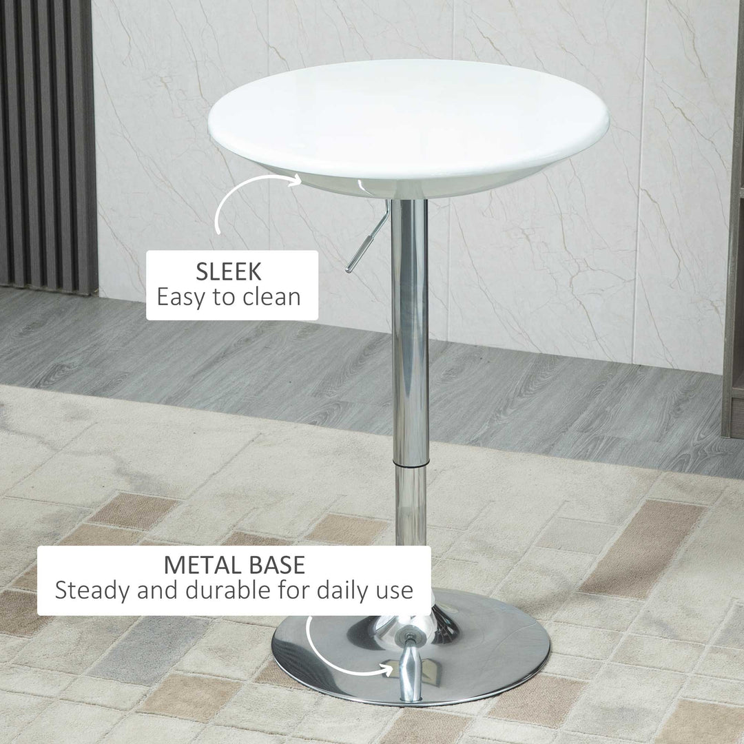 HOMCOM Modern Round Bar Table Adjustable Height Home Pub Bistro Desk Swivel Painted Top with Silver Steel Leg and Base, White