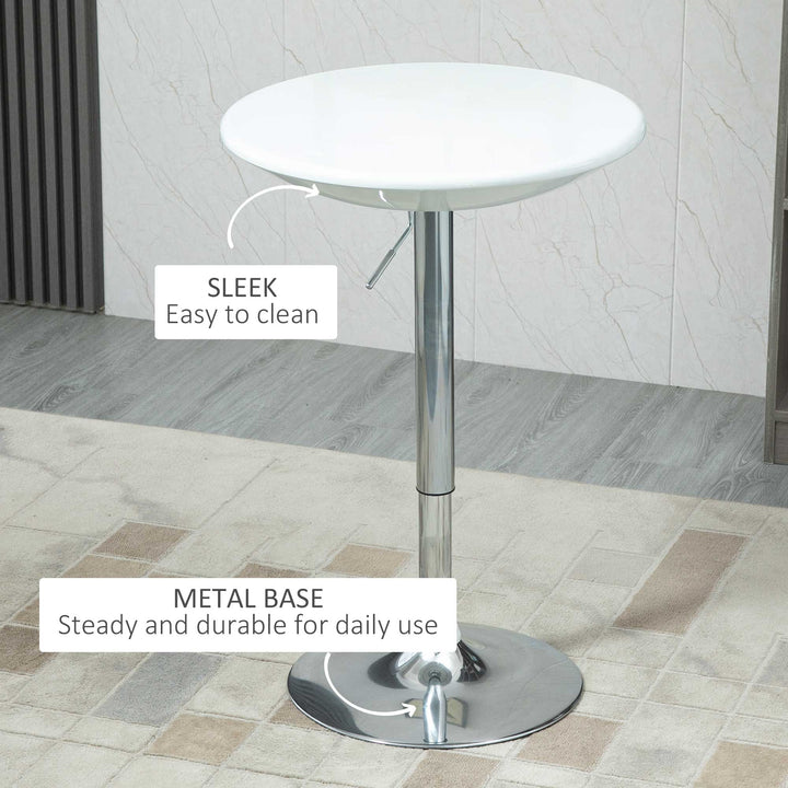 HOMCOM Modern Round Bar Table Adjustable Height Home Pub Bistro Desk Swivel Painted Top with Silver Steel Leg and Base, White