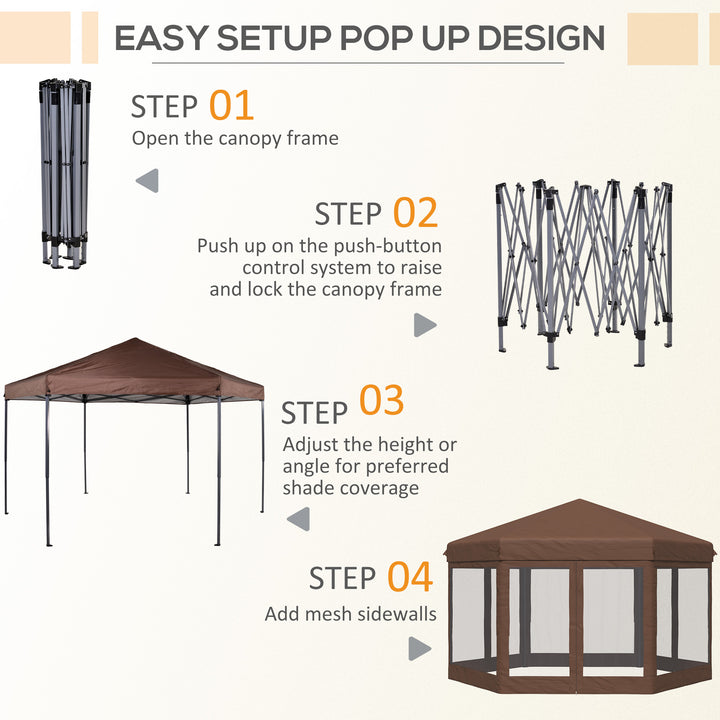 3.5m x 4m Hexagonal Pop Up Gazebo, Canopy Tent Sun Shelter for Patio Outdoor Party, Height Adjustable, with Mosquito Netting and Carry Bag - Brown