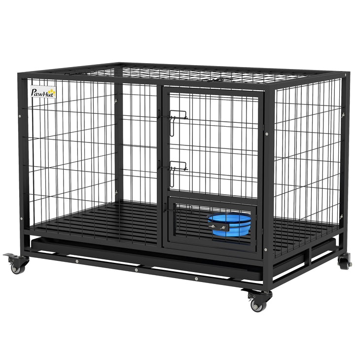 PawHut 43" Heavy Duty Dog Crate on Wheels w/ Bowl Holder, Removable Tray, Detachable Top, Double Doors for L, XL Dogs | Aosom UK