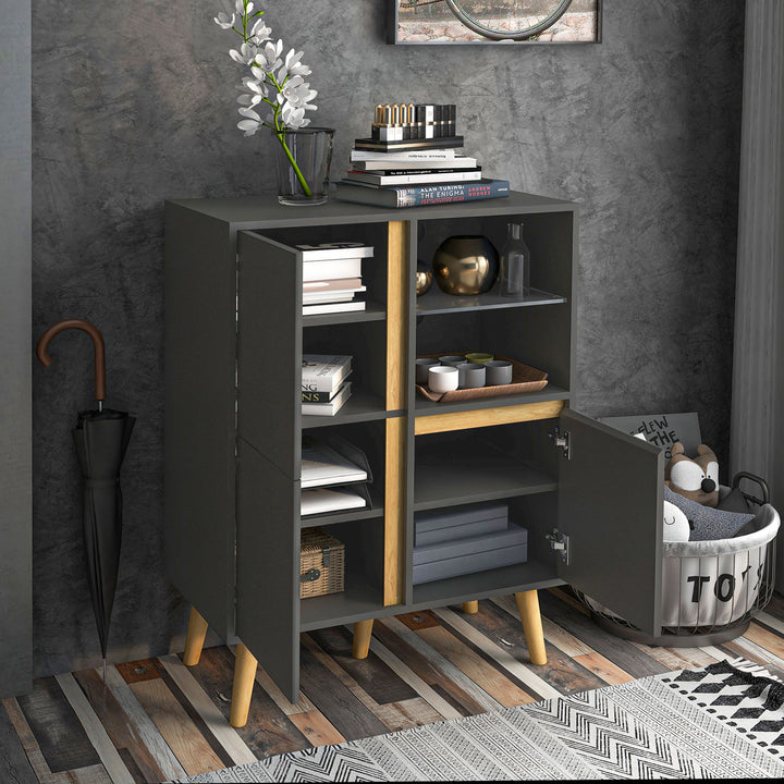 HOMCOM Storage Cabinet Sideboard with Tempered Glass Adjustable Shelves and Solid Wood Legs