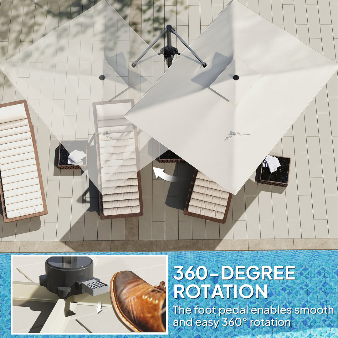 3.7 x 2.7 m Cantilever Parasol w/ 360° Rotation and Easy Tilt Adjustment, Aluminium Hanging Offset Outdoor Umbrella w/ Double Top, Cross Base, UPF50+ Hanging Sun Shade, Grey Wood Effect Pole