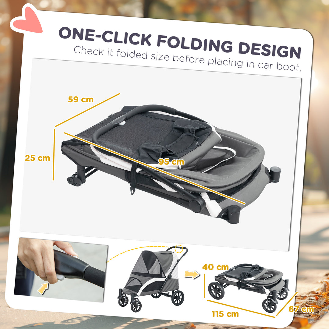 Foldable Pet Stroller for Large Dogs with 4 Big Wheels, Shock-Absorbing Frame, Safety Leashes, Brakes, Dark Grey