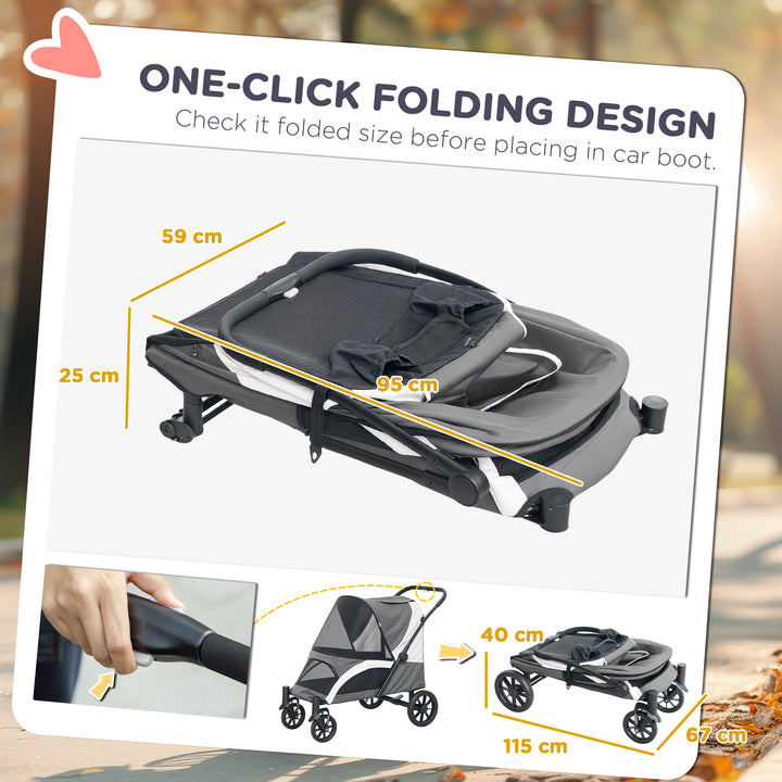 Foldable Pet Stroller for Large Dogs with 4 Big Wheels, Shock-Absorbing Frame, Safety Leashes, Brakes, Dark Grey