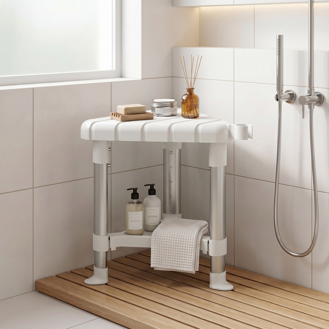 Shower Stool, Aluminium Alloy Corner Shower Chair with Storage Shelf a