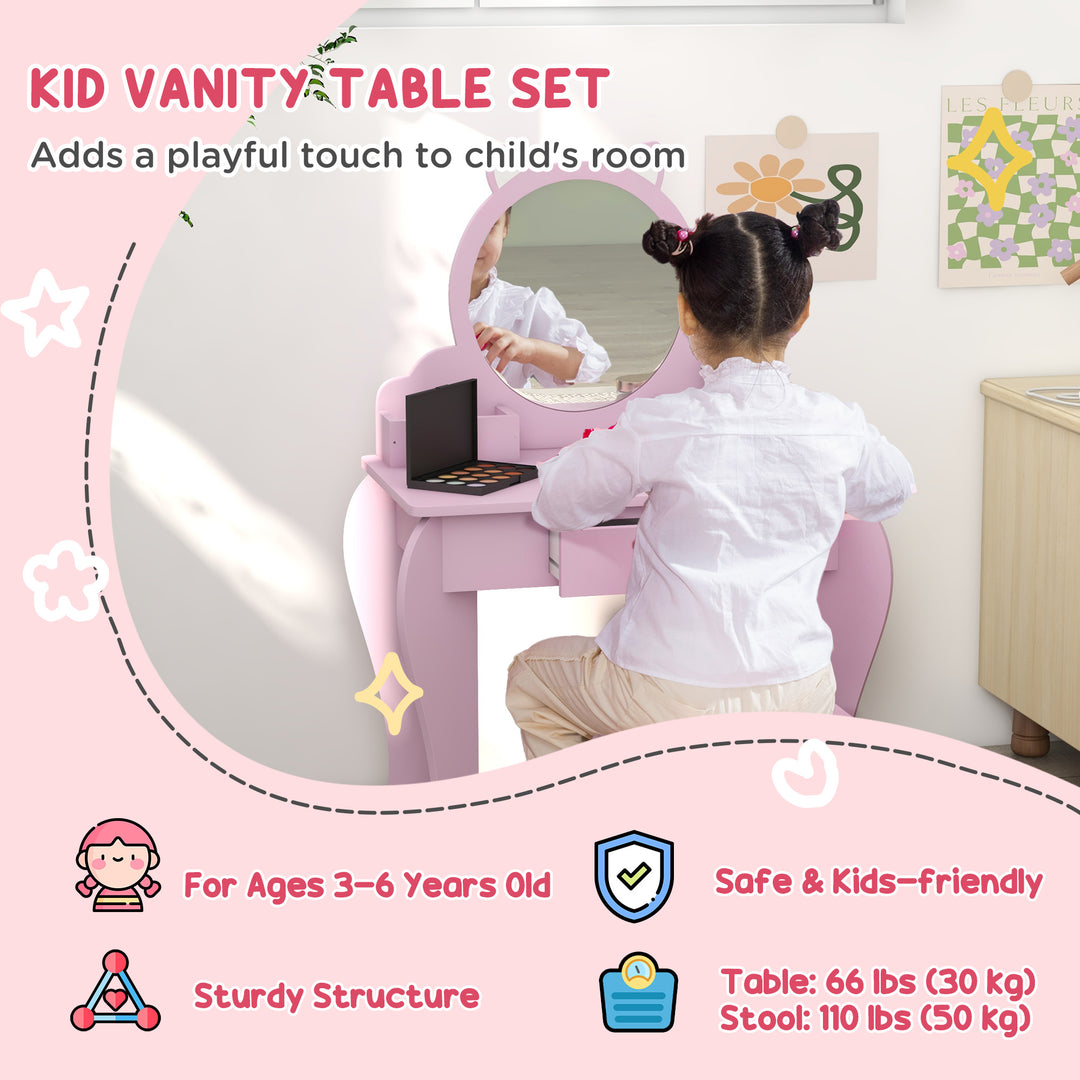 ZONEKIZ Wooden Children's Bedroom Set with Dressing Table, Stool, Bed, Cat Motif for Ages 3-6, Multicolour | Aosom UK