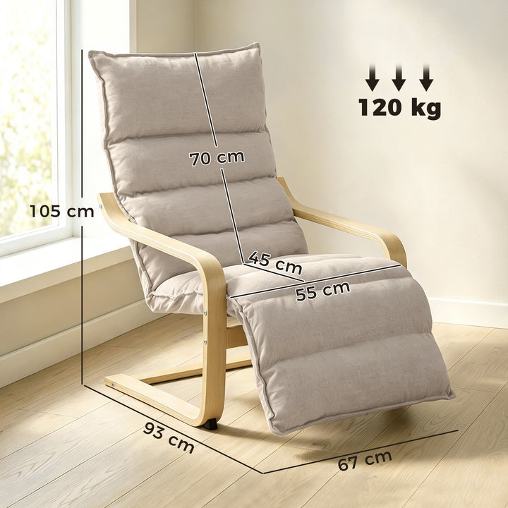 Curved Wooden Accent Chair, Armchair with Adjustable Footrest, Light B